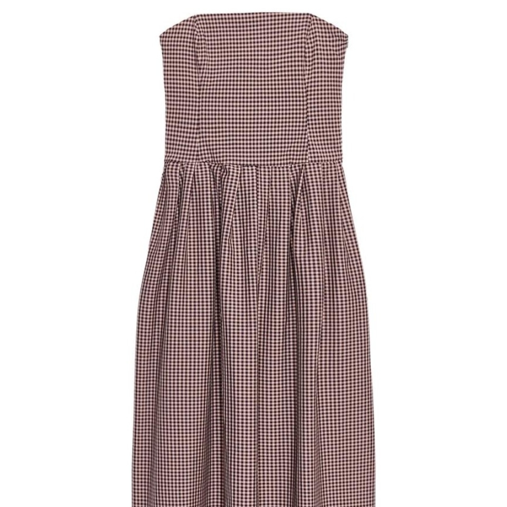 NWT Zara Strapless Gingham Patterned Midi Dress in Burgundy/White - S - Picture 8 of 16